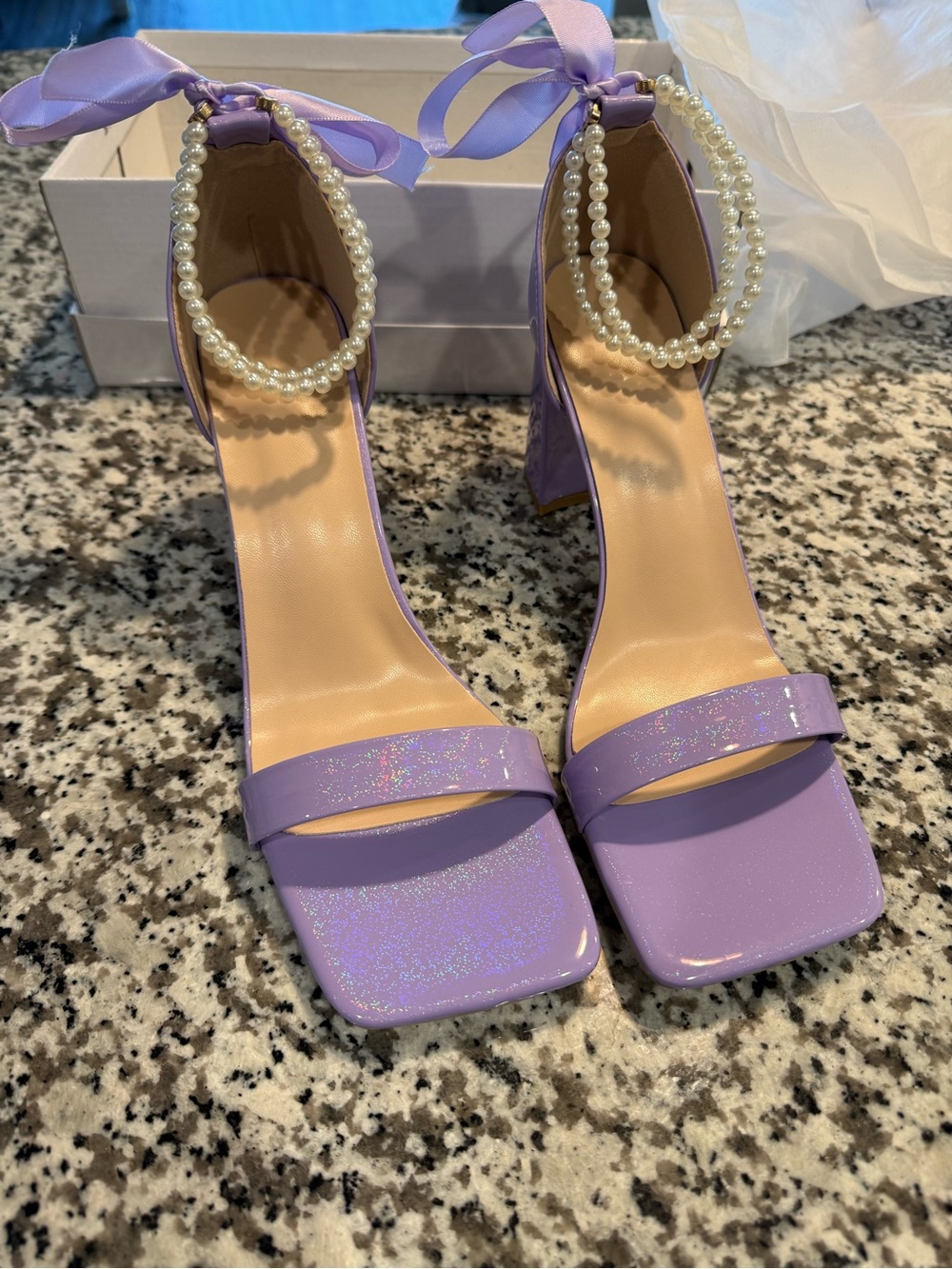 Lavender Pearl-Ankle Block Heel Sandals - Women